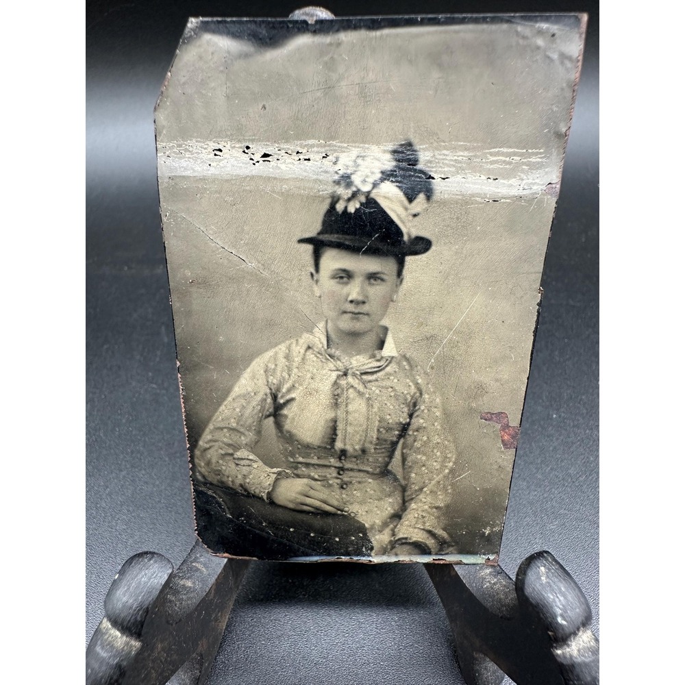 Antique Tintype Photo Young Woman Hat Portrait Victorian Era Collectible